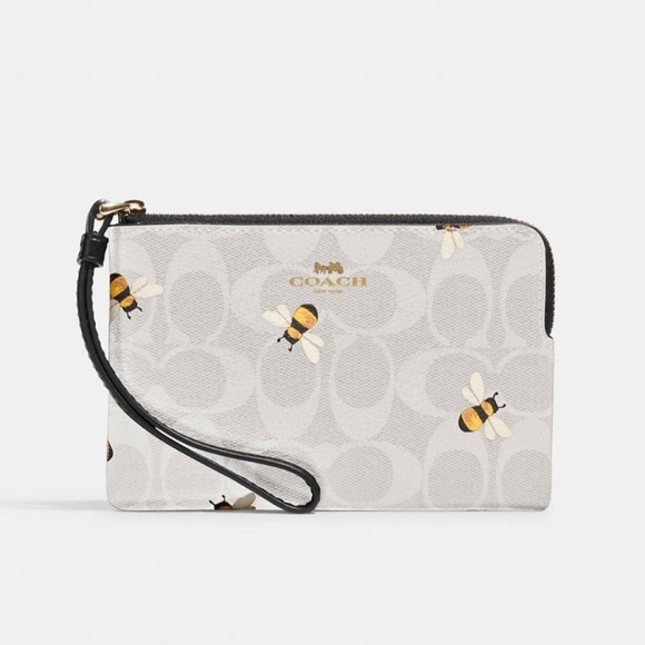 Coach Corner Zip Wristlet in Bee Print Signature Canvas & Smooth Leather NWT - Picture 8 of 12